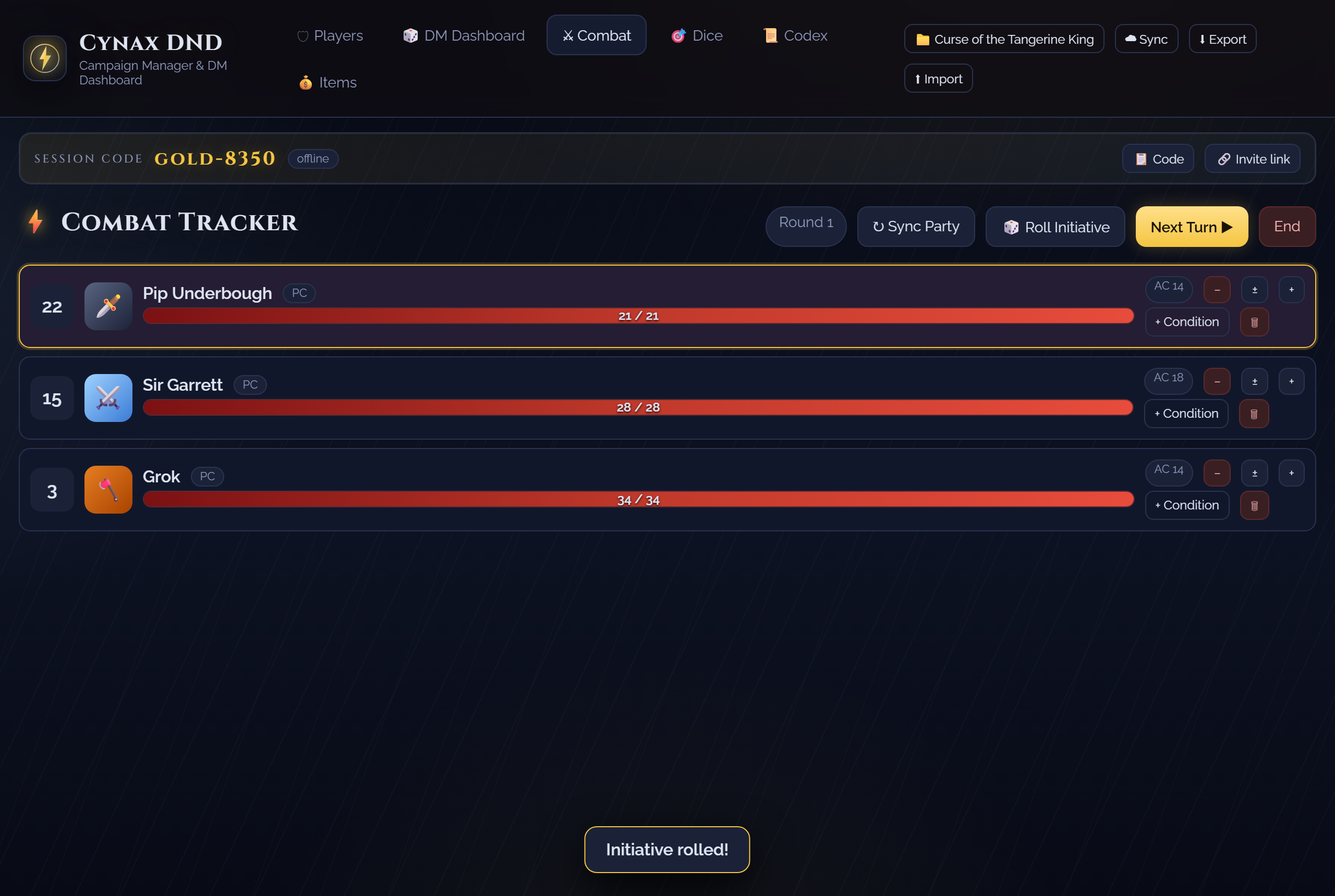 Initiative — Combat tracker — initiative order, HP, conditions & turns