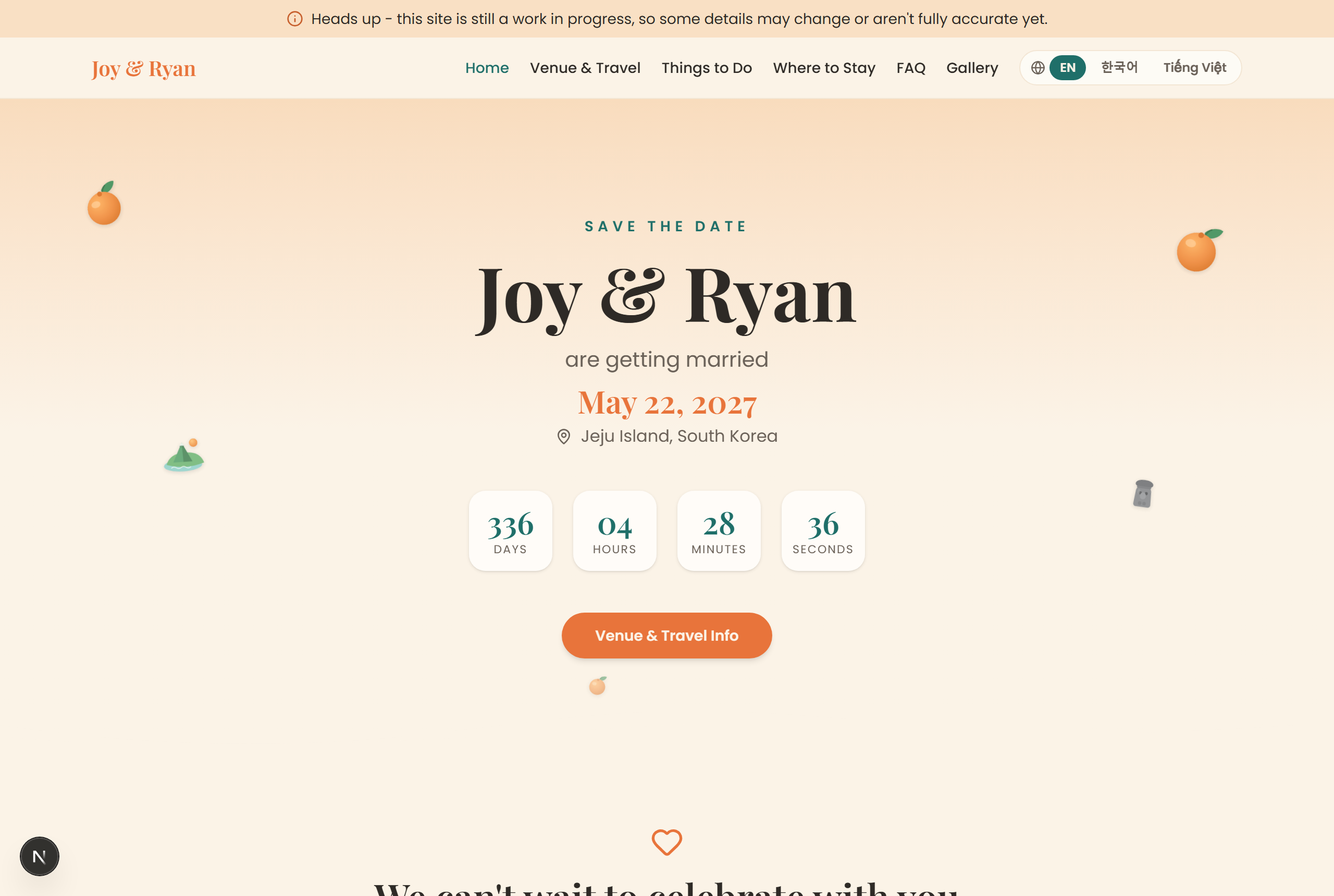 Jeju Wedding — Save-the-date hero with live countdown