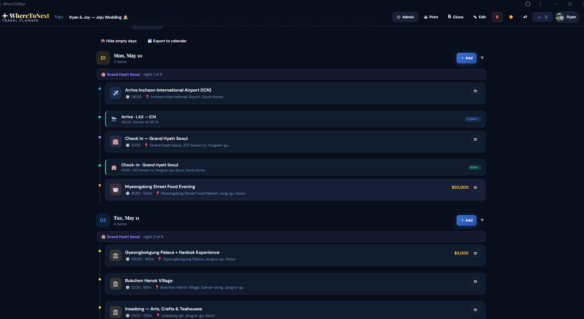 WhereToNext — Day-by-day itinerary with draggable timeline events