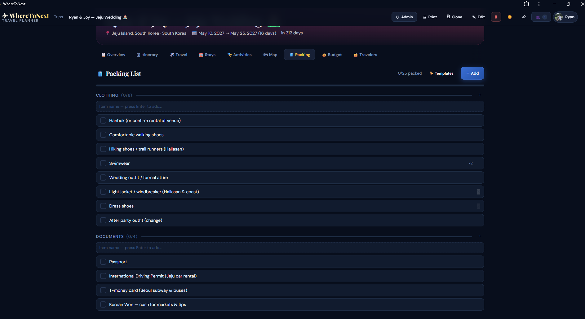 WhereToNext — Packing list — categories with progress tracking
